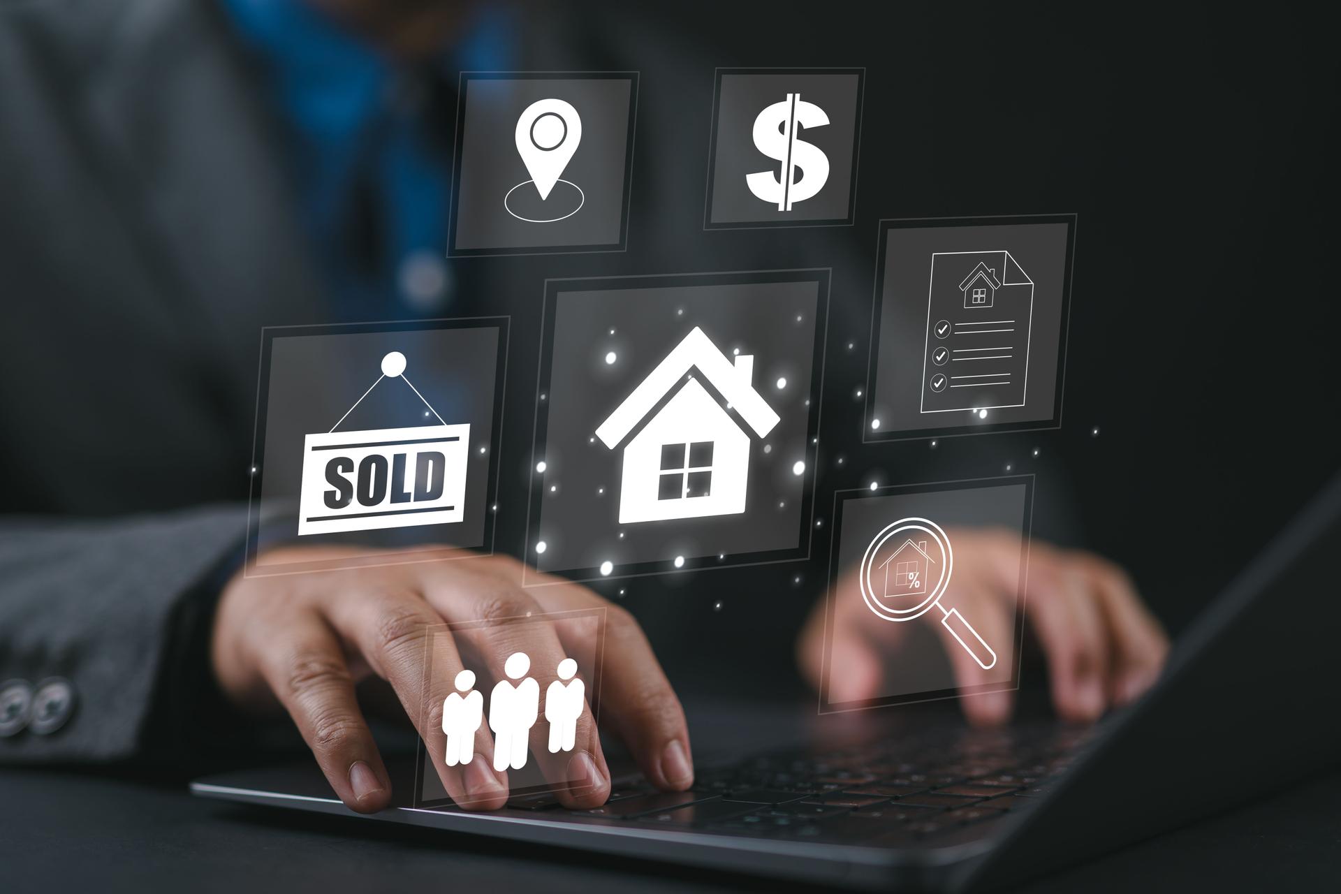 Businessman using a laptop for property sales listings, real estate agent agency contractor, residential property, investment, housing project, property development real estate, choose a house buy online.