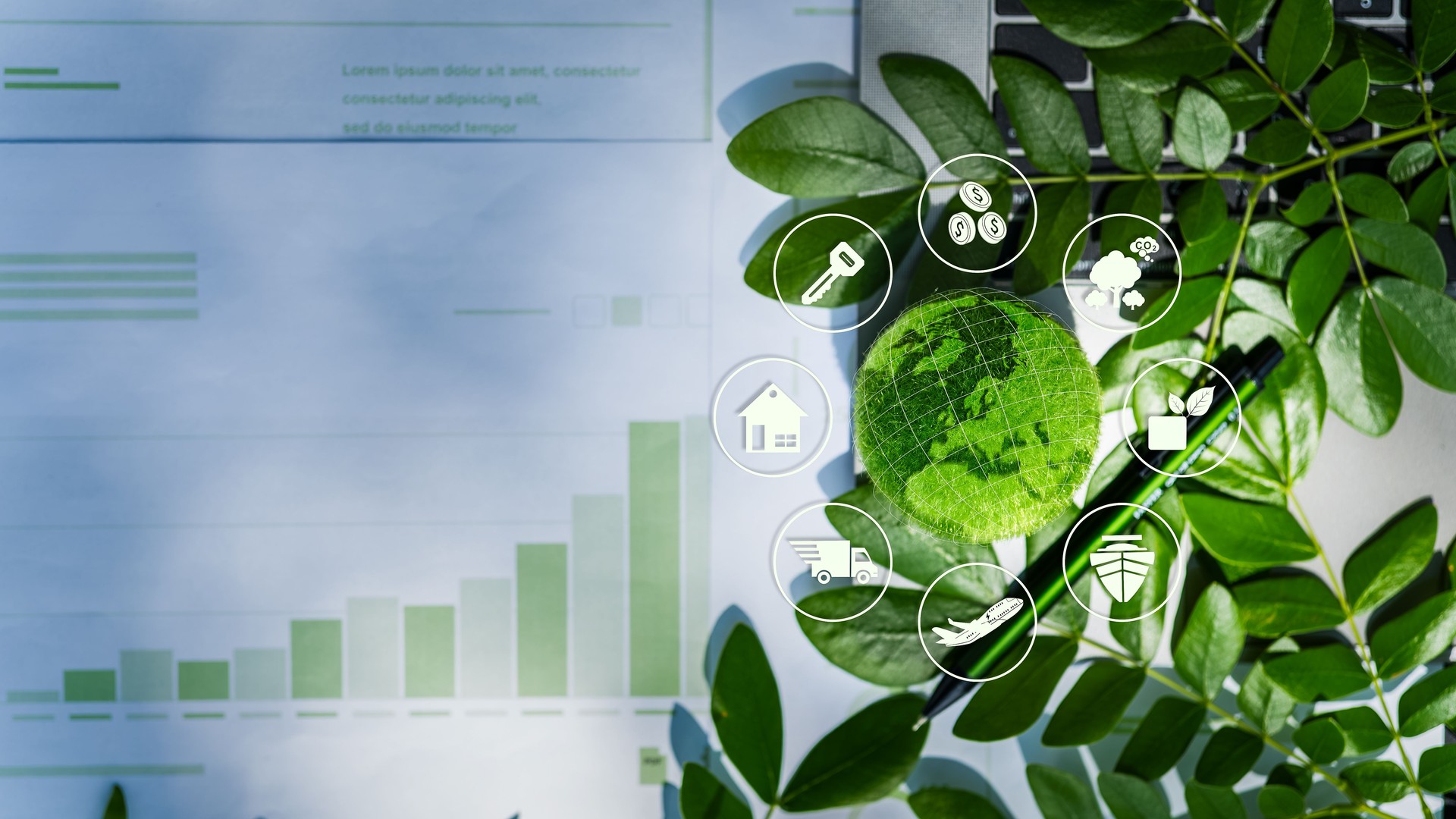 Green Supply Chain focusing on sustainable real estate. An image with icons around a green globe, along with graphs, a pen, and a computer. Space reserved for text.